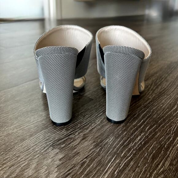 Emerson Fry Block Heel Mules Size US 7 Gray Canvas Double Strap Open Toe Sandals - Picture 4 of 13